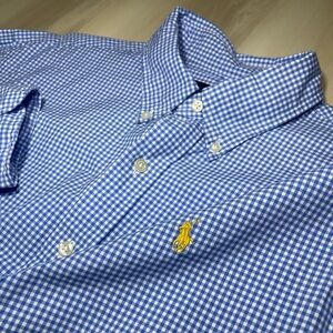 Polo Ralph Lauren Men's L/S Blue Gingham Button Down Shirt Size L Yellow Pony